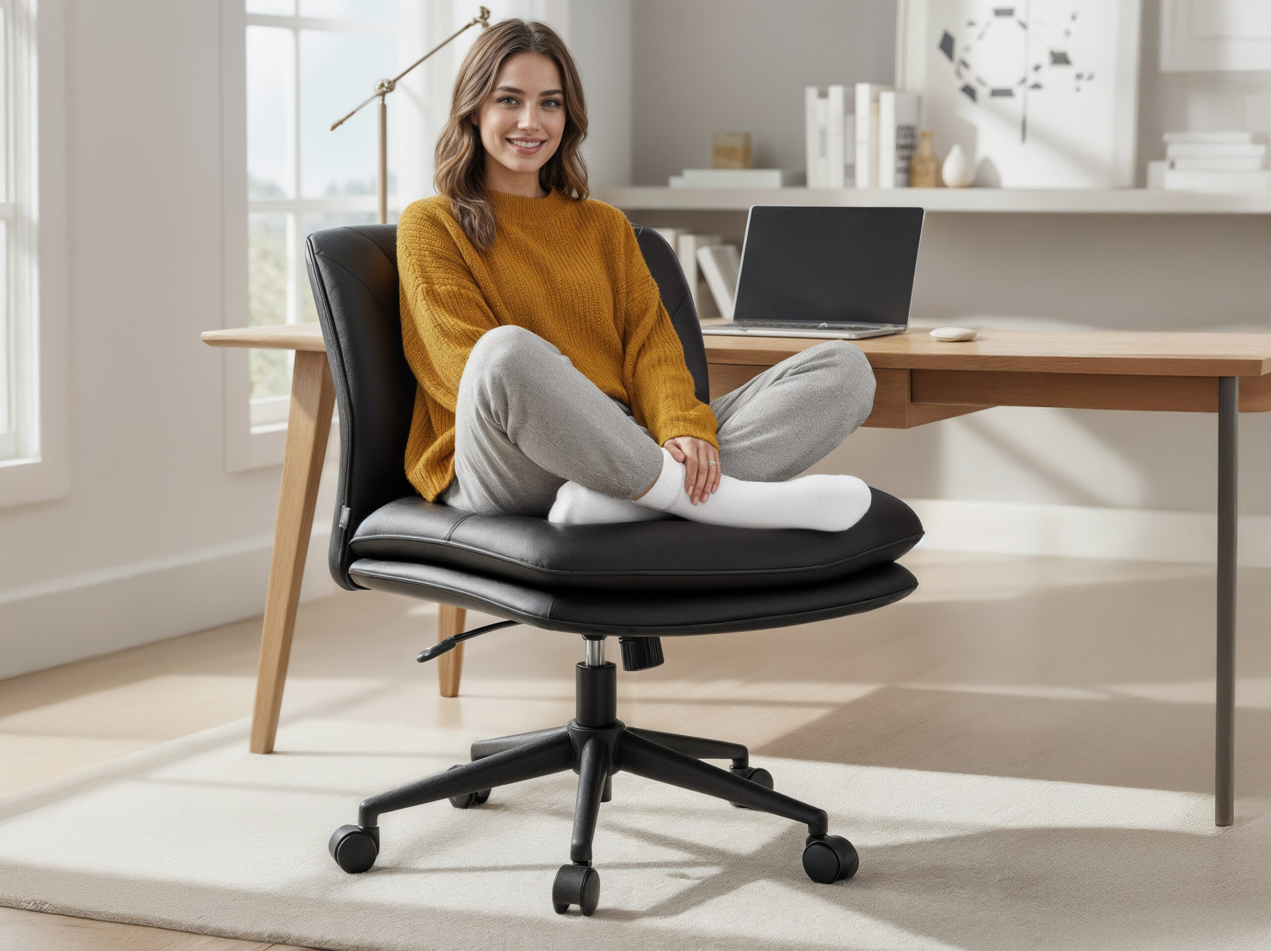 Woman sitting cross-legged in wide armless office chair at home workspace