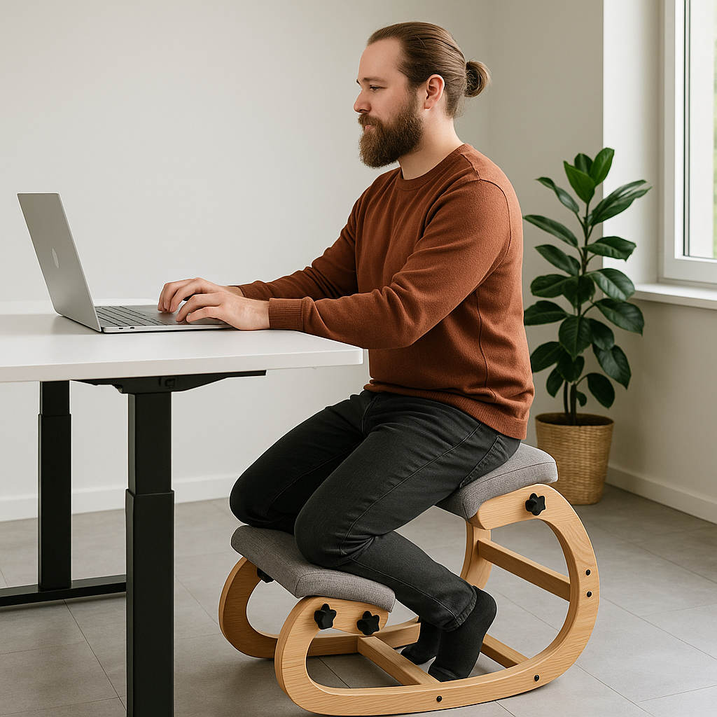 Professional using kneeling chair in modern home office