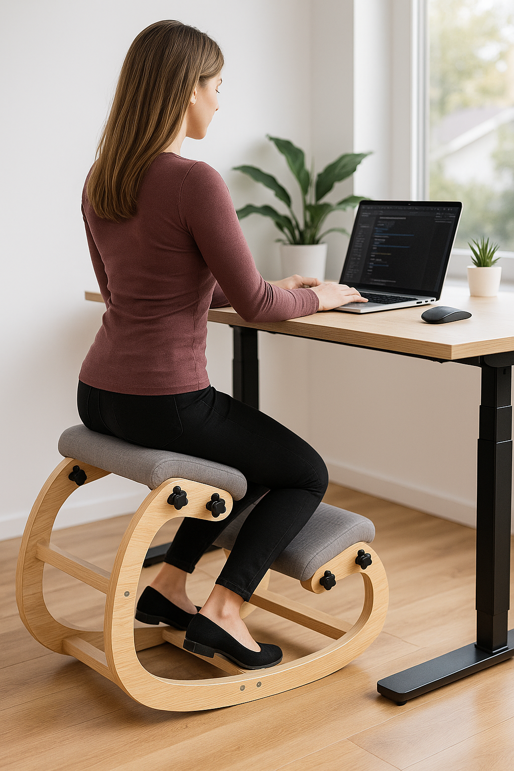 Serene home office setup with kneeling chair