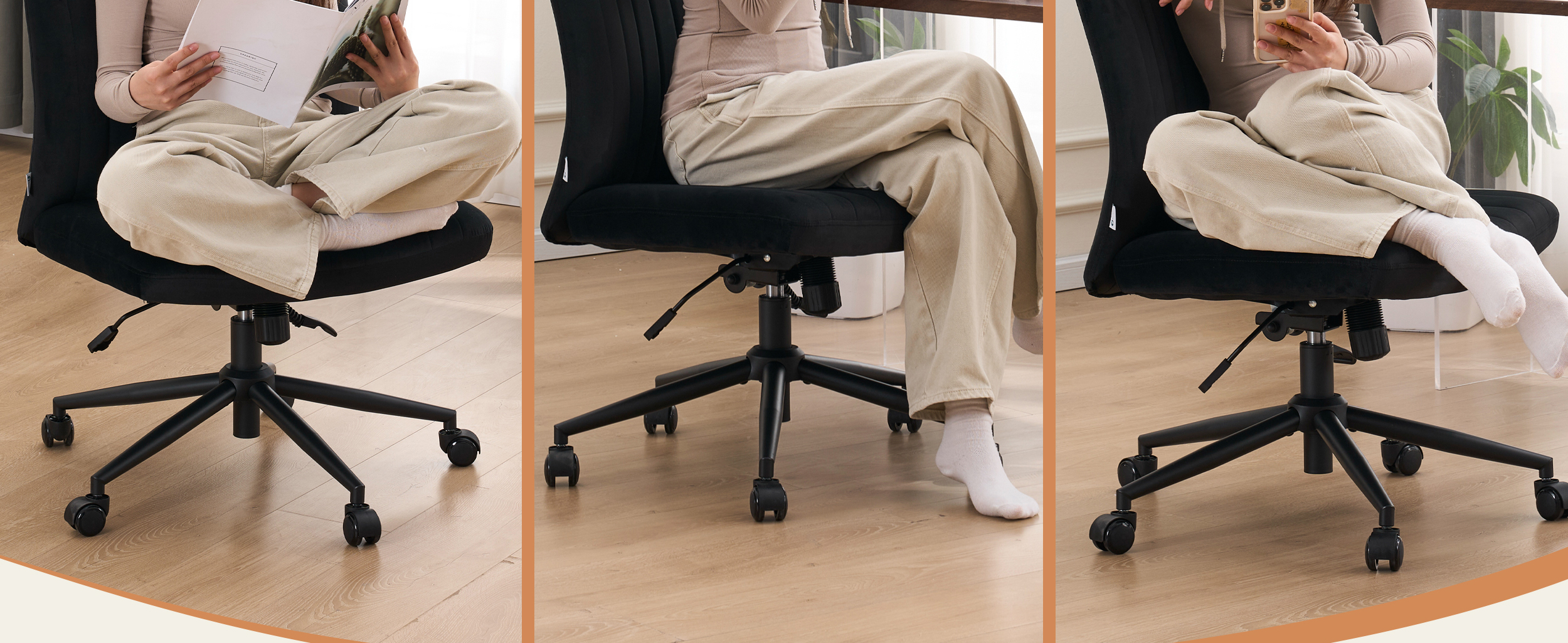  Three different sitting positions demonstrated on wide ergonomic desk chair including cross-legged, standard, and side-saddle postures
