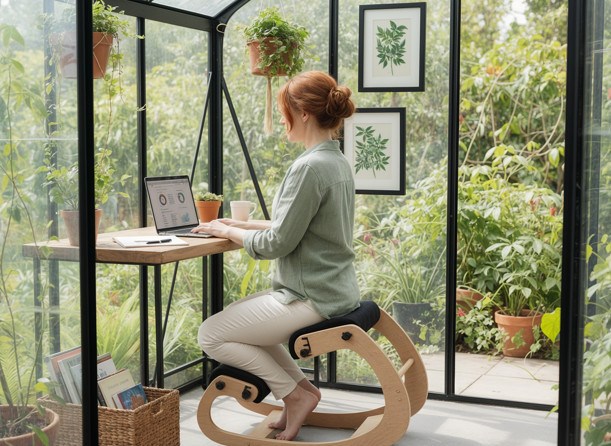 Woman using ergonomic kneeling chair at standing desk near window with plants in modern home office