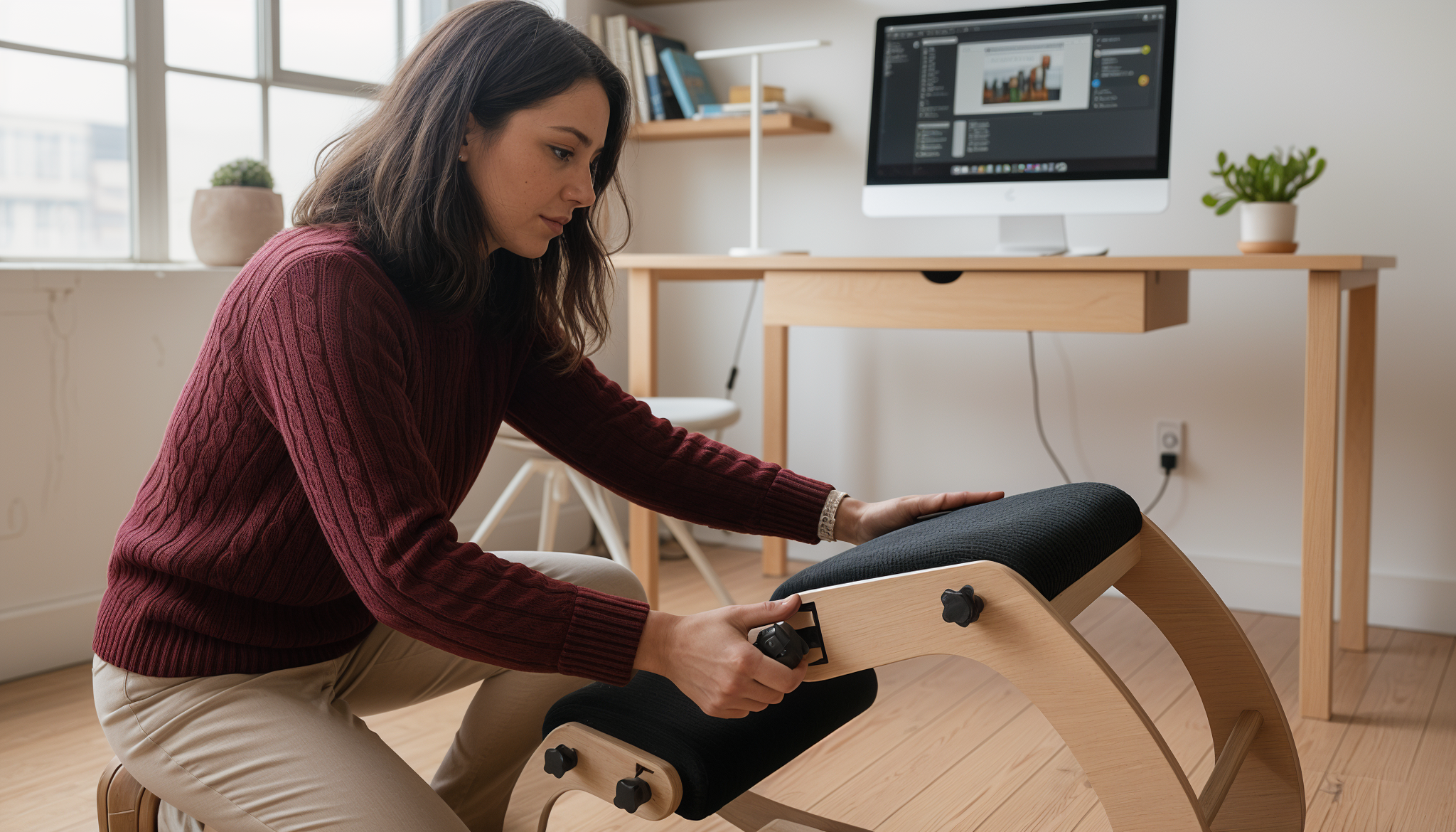 Woman adjusting height settings on wooden ergonomic kneeling chair in modern home office with natural wood desk and computer