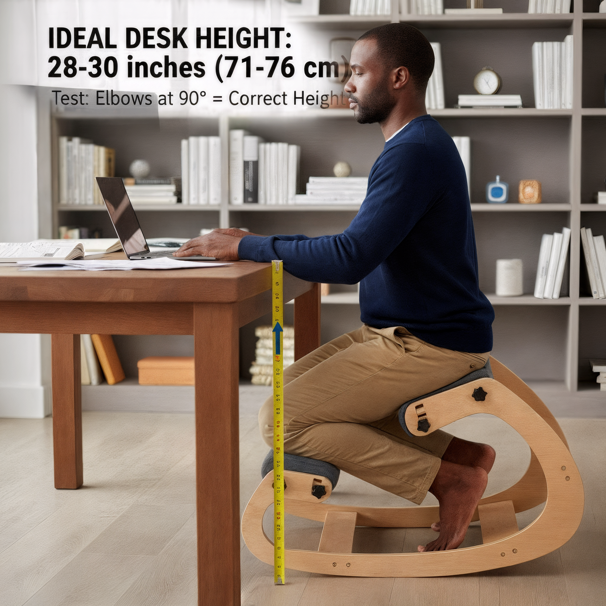 Person checking proper desk height with kneeling chair