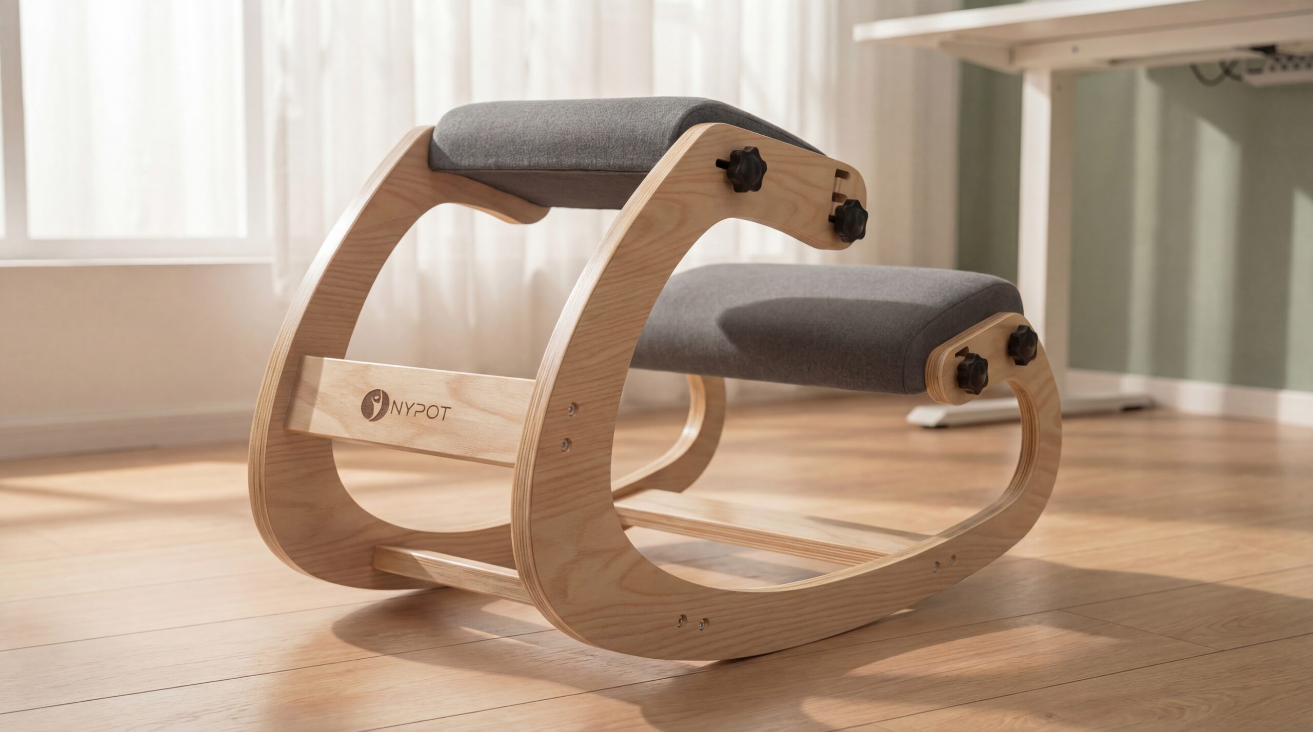 Curved rocker-base kneeling chair with natural bentwood frame and ergonomic gray cushioning in bright home office with natural window light