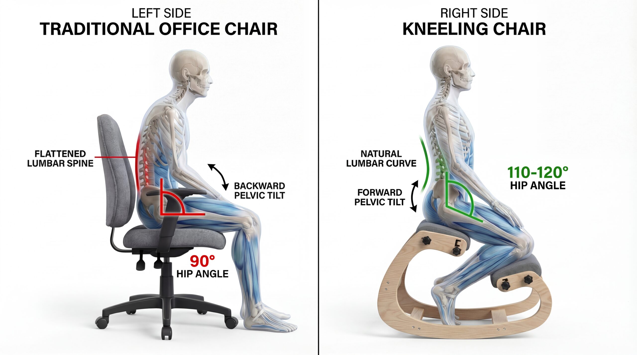 Side-by-side comparison showing traditional chair posture at 90 degrees vs kneeling chair posture at 110-120 degrees with proper spinal alignment