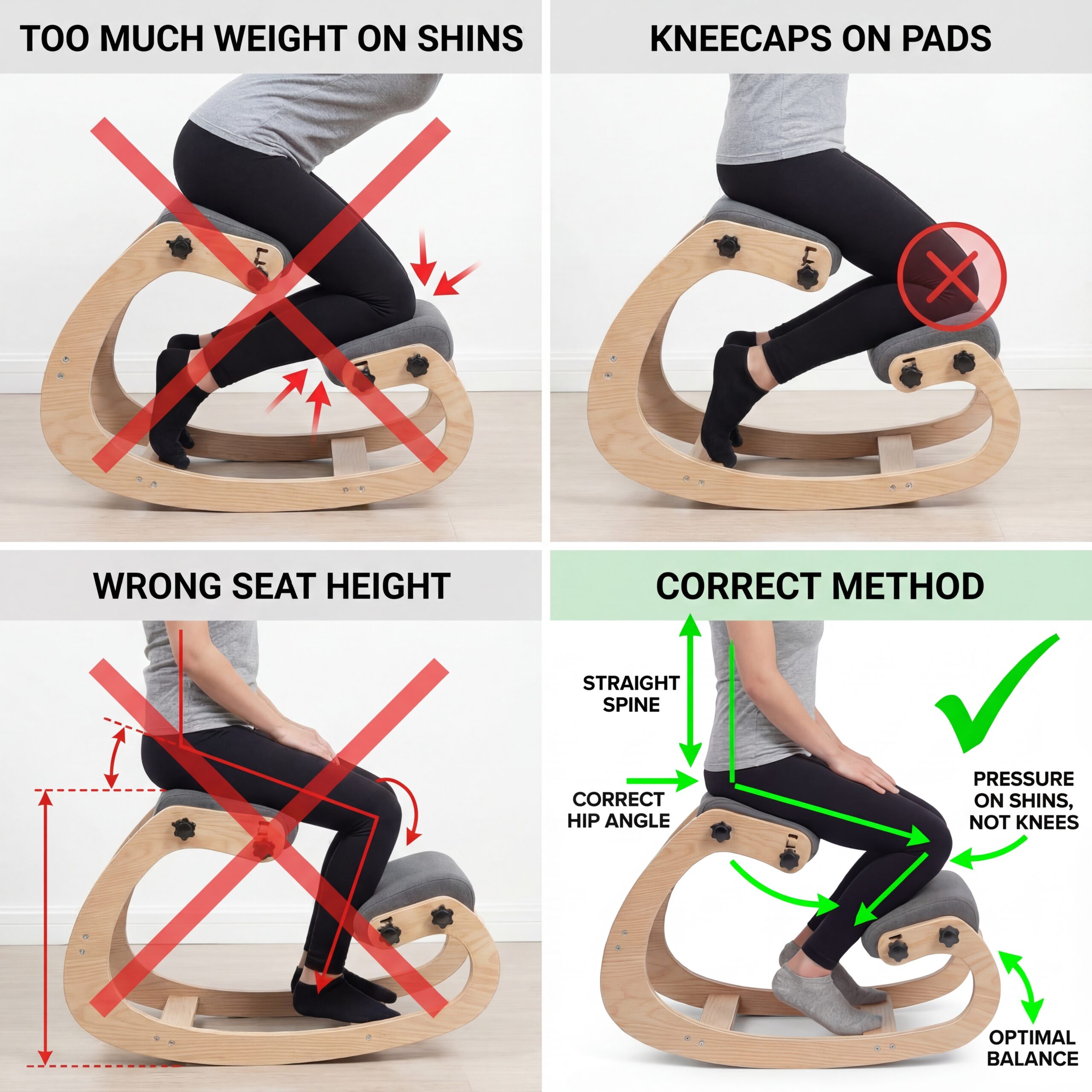 Infographic showing common kneeling chair mistakes including wrong weight distribution, incorrect shin pad placement, and poor posture