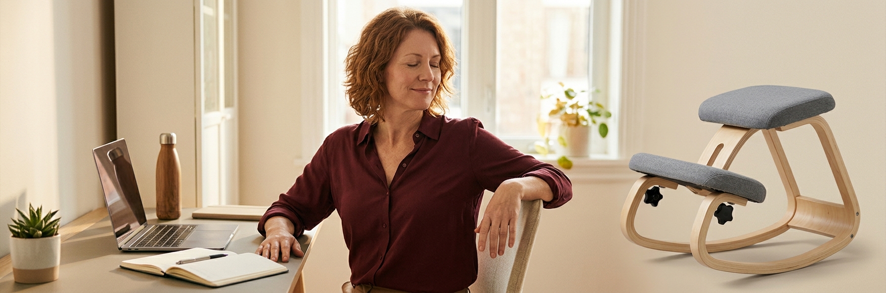 Person stretching at desk to relieve back pain during work