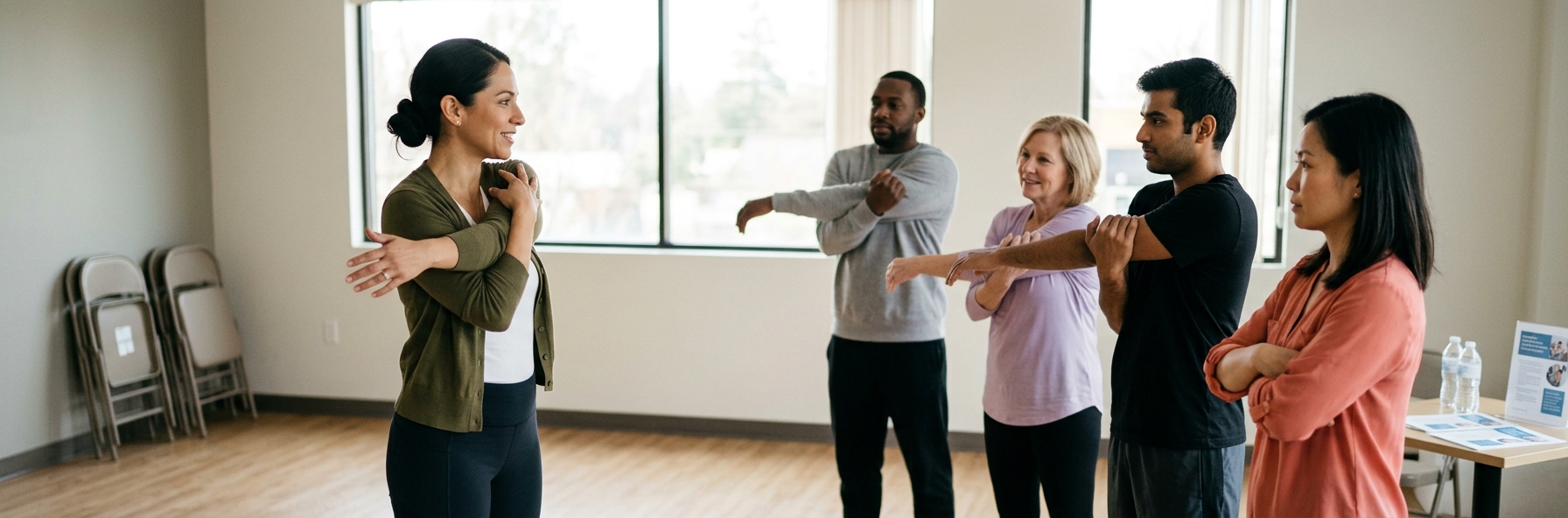 Ergonomic workshop facilitator teaching posture techniques to office workers