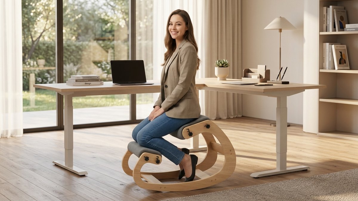 Man working at laptop on NYPOT birch wood kneeling chair in bright home office, showing upright posture and open hip angle