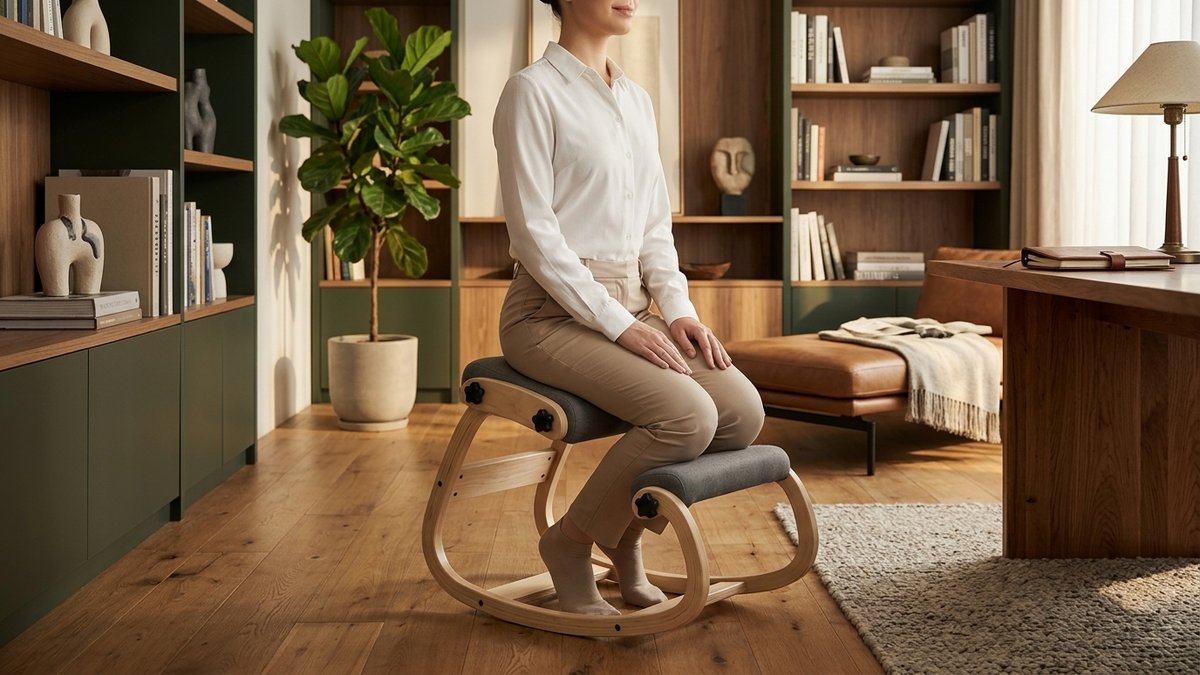 Side-by-side posture comparison showing 90-degree compressed spine in office chair versus 110-degree aligned spine on NYPOT kneeling chair