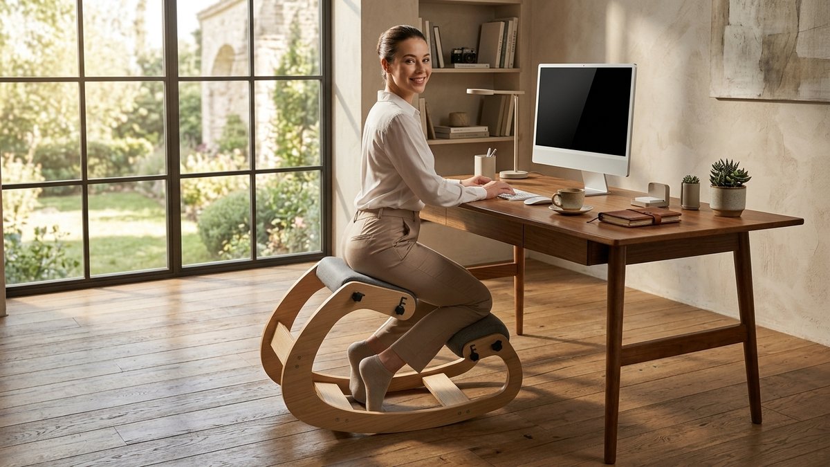 Woman writing at desk on NYPOT kneeling chair in Scandinavian home office, relaxed upright posture with engaged core