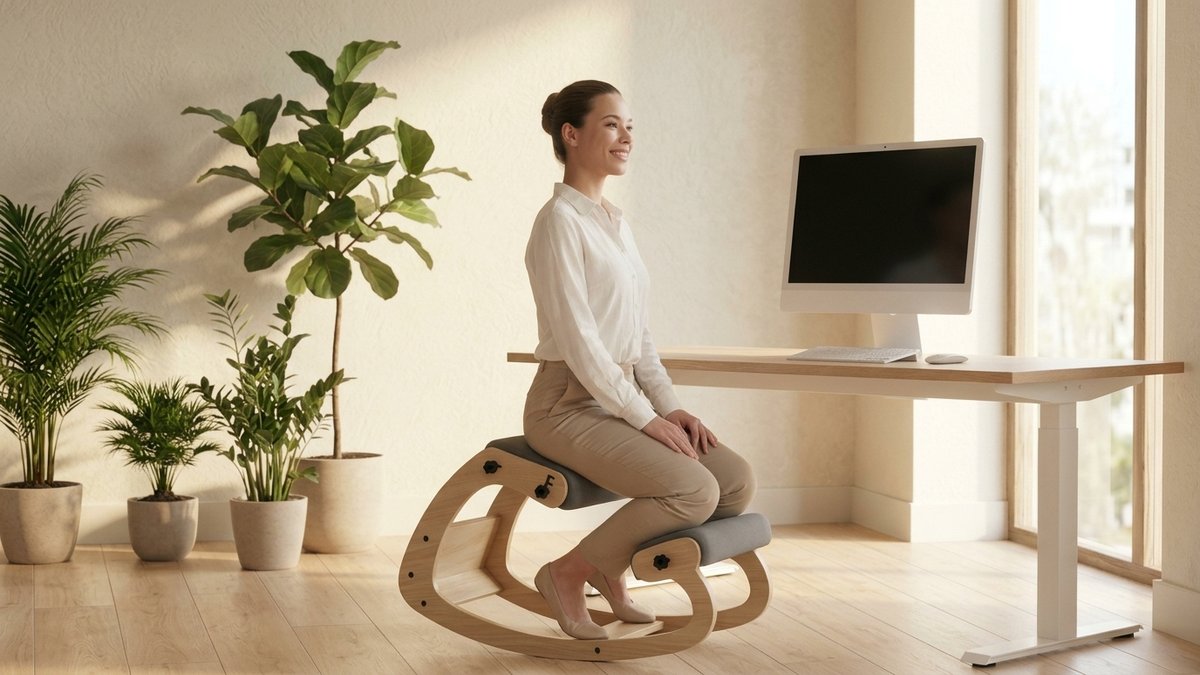 Close-up of NYPOT kneeling chair grey fabric knee pad showing cushion thickness and correct shin positioning