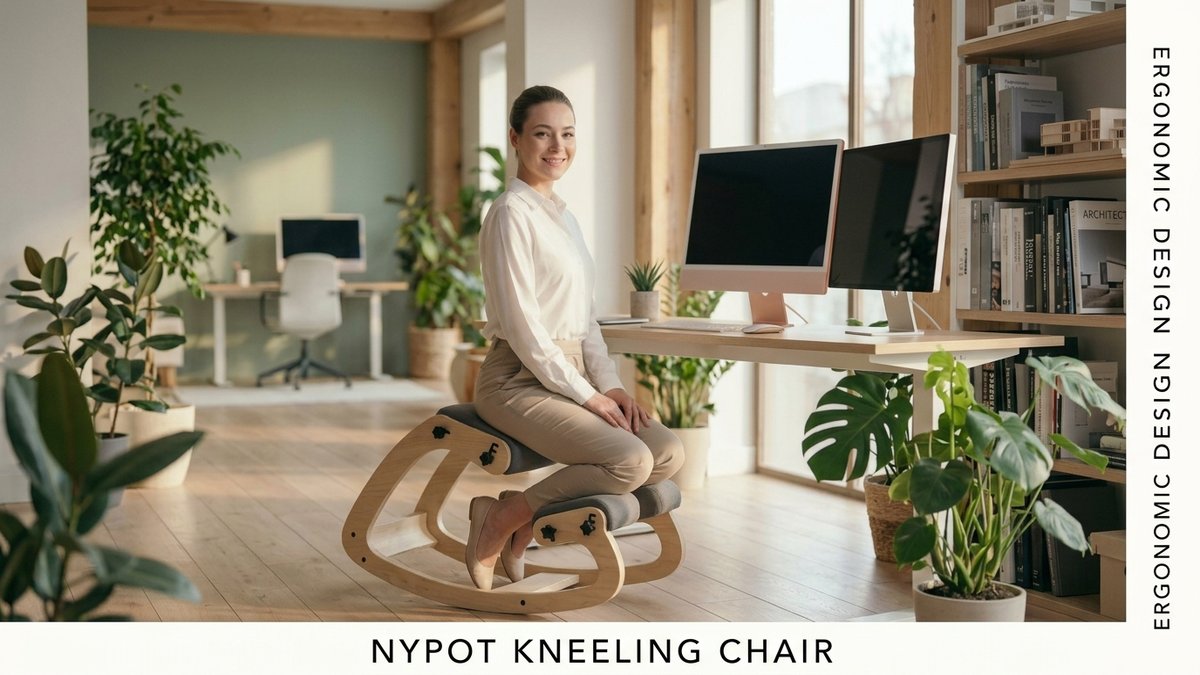 NYPOT kneeling chair shown in three workspace settings: home office, creative studio, and coworking space
