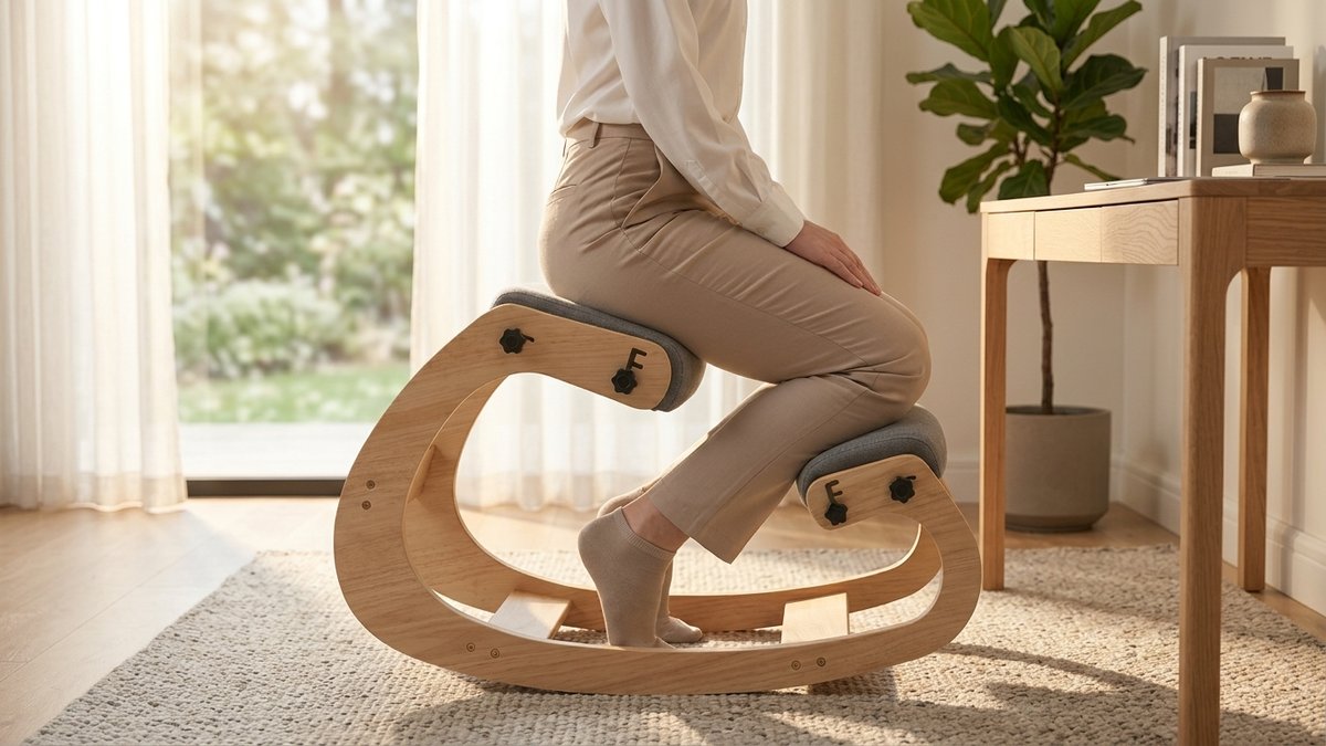 Diagram showing correct versus incorrect kneeling chair positioning with weight distribution indicators and adjustment guides