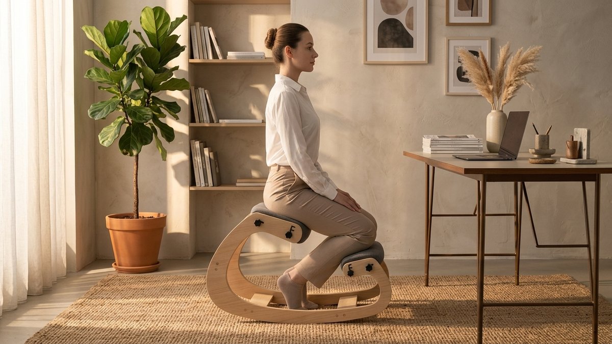 Complete ergonomic desk setup with NYPOT kneeling chair showing proper monitor height, keyboard position, and workspace arrangement