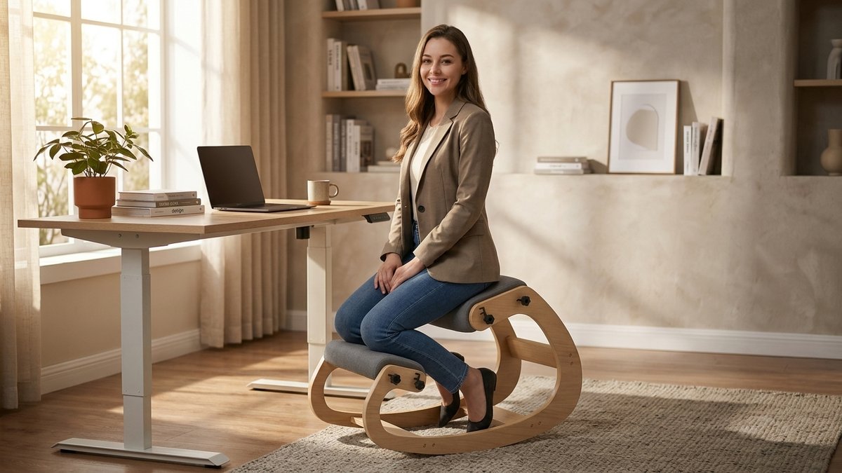 Split comparison of woman at standing desk versus NYPOT kneeling chair at standard desk, both showing proper posture in home office