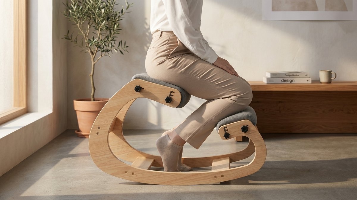 Woman working at properly set up standing desk with anti-fatigue mat during video call in corporate office