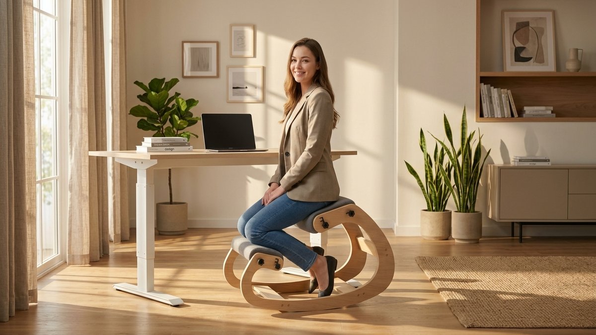 Remote worker experiencing neck discomfort at kitchen table makeshift desk on dining chair, showing need for ergonomic seating