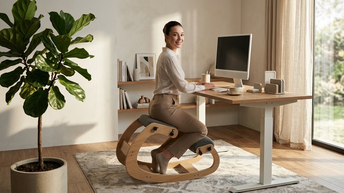 Man working at laptop on NYPOT kneeling chair in compact home office, side angle showing open hip angle and natural spinal alignment