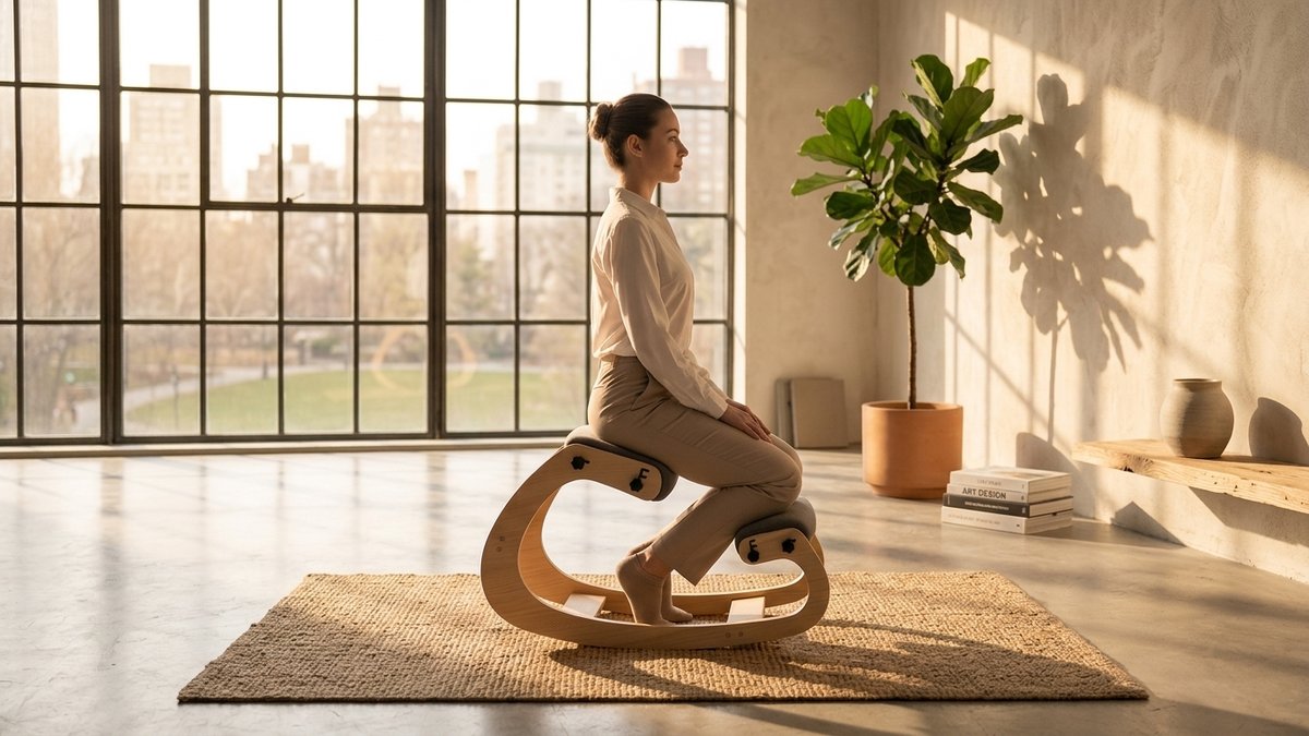 Before-and-after showing common remote work mistakes on couch, dining chair, and bed versus proper ergonomic setup with NYPOT kneeling chair