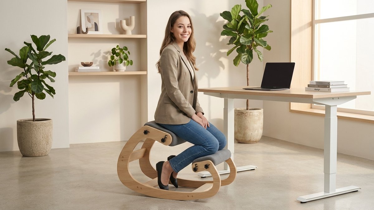 Side-by-side posture comparison showing five warning signs on office chair with red spine overlay versus corrected alignment on NYPOT kneeling chair