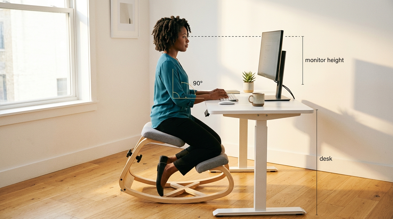 Elevated view of ideal ergonomic desk setup with NYPOT kneeling chair, showing proper monitor height, keyboard position, and workspace arrangement