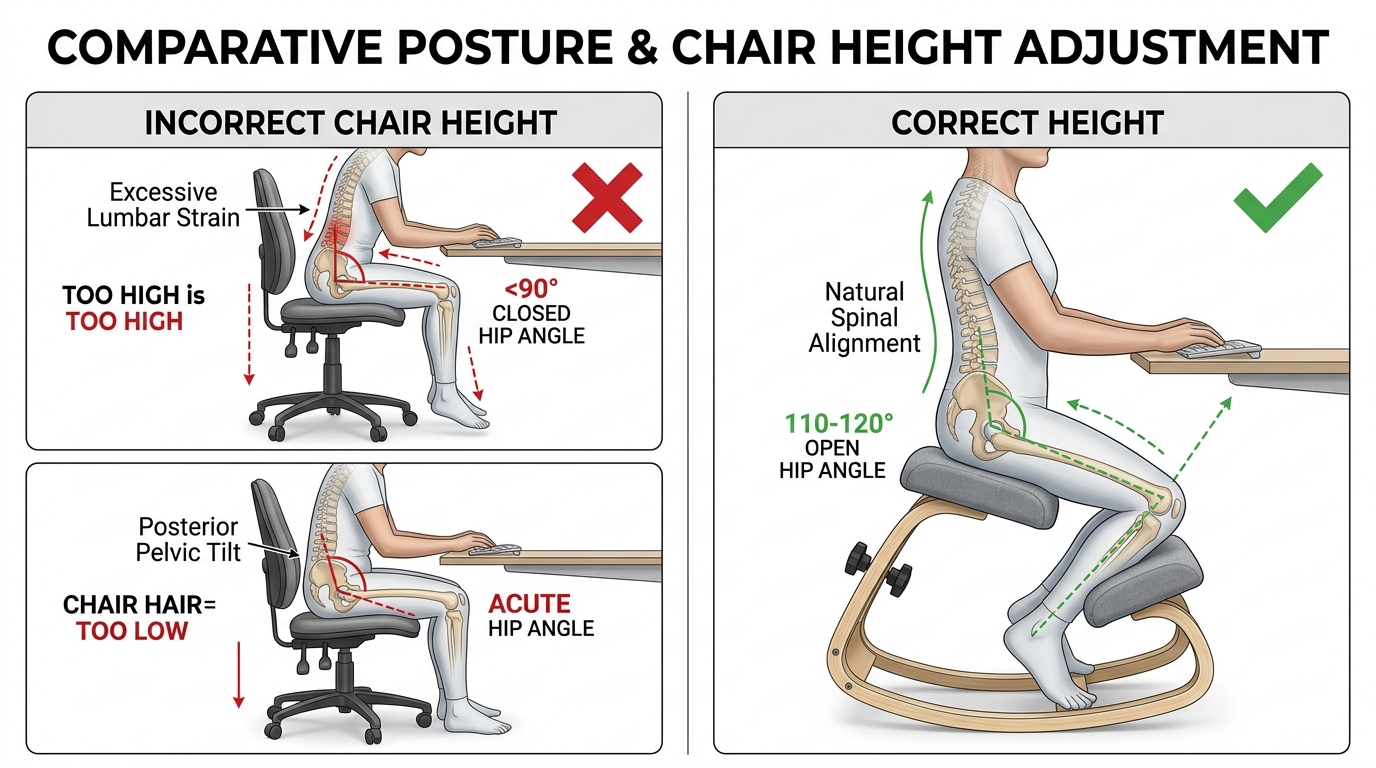 Comparison of incorrect chair heights versus correct kneeling position showing hip angle differences and alignment reference lines
