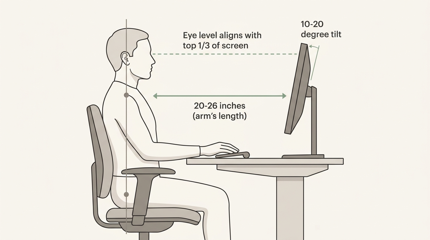 Side-view diagram showing correct monitor height at eye level, 20-26 inch viewing distance, and 10-20 degree screen tilt angle
