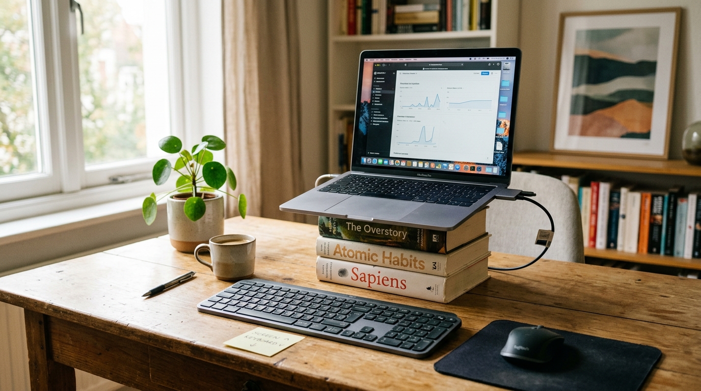 Laptop elevated on book stack with separate wireless keyboard and mouse at desk level, demonstrating affordable ergonomic setup