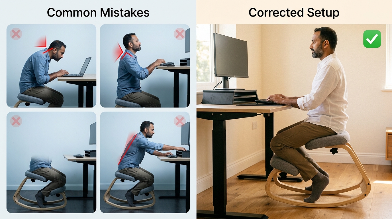 Common desk setup mistakes versus corrected ergonomic workspace with NYPOT kneeling chair, proper monitor height, and keyboard position
