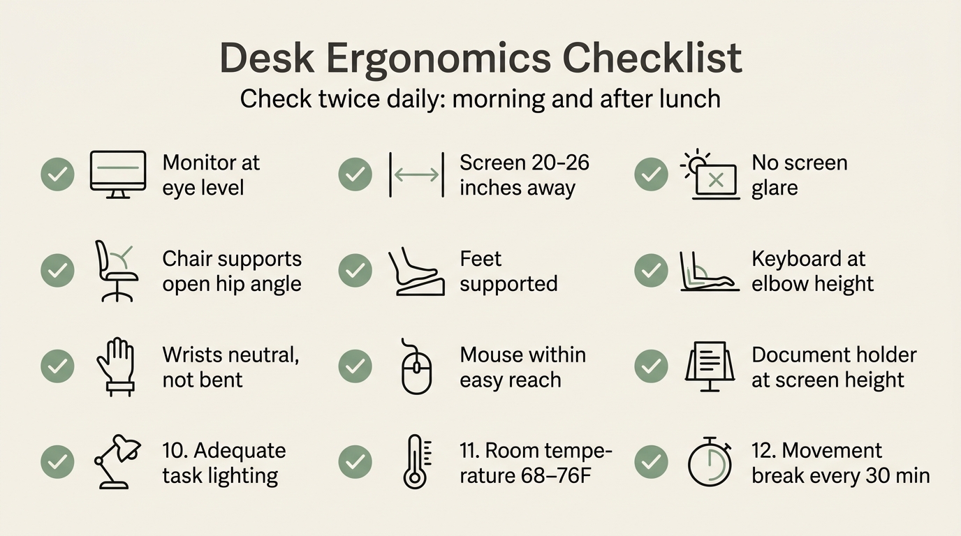 12-point desk ergonomics checklist infographic covering monitor position, chair setup, keyboard height, wrist angle, lighting, and movement breaks