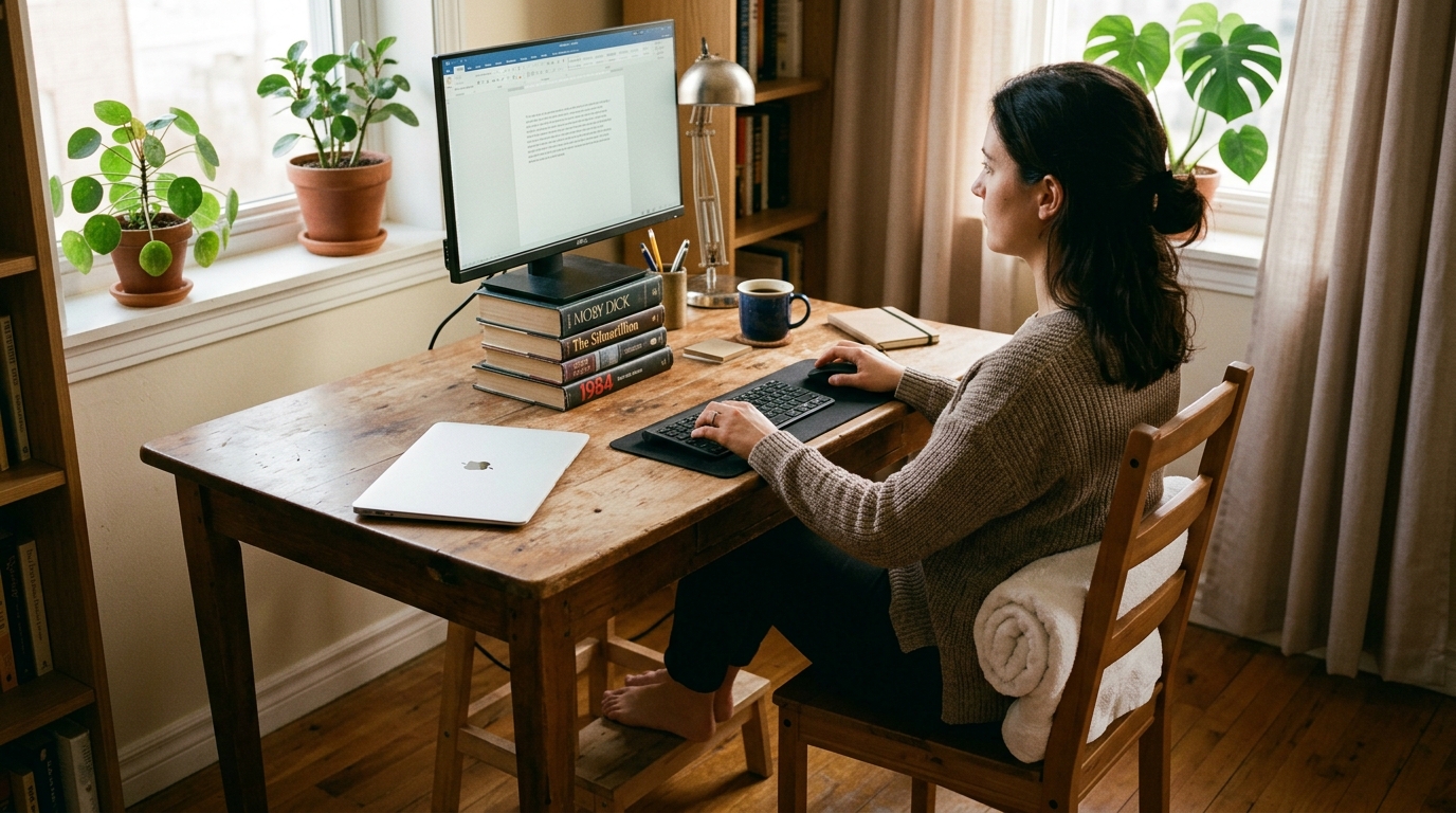 Budget ergonomic desk setup using household items: books as monitor stand, rolled towel for lumbar support, step stool as footrest