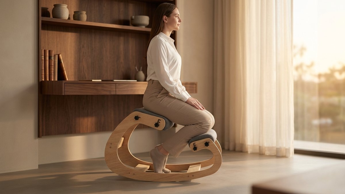 Standing lumbar extension exercise from side angle showing proper hand placement on lower back and controlled backward extension