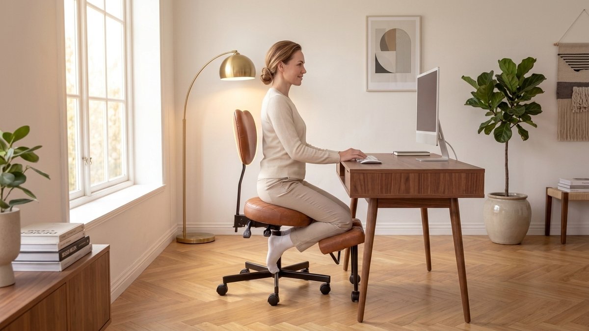Man demonstrating active sitting on NYPOT rocking kneeling chair, reaching for coffee mug showing natural micro-movement while working