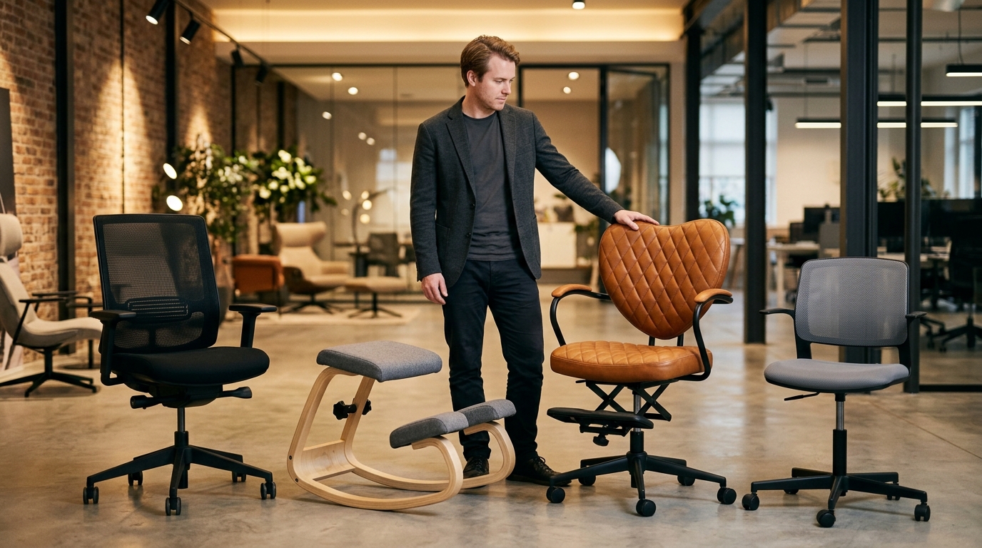 Person evaluating ergonomic chair options including NYPOT kneeling chair and criss-cross chair in modern furniture showroom
