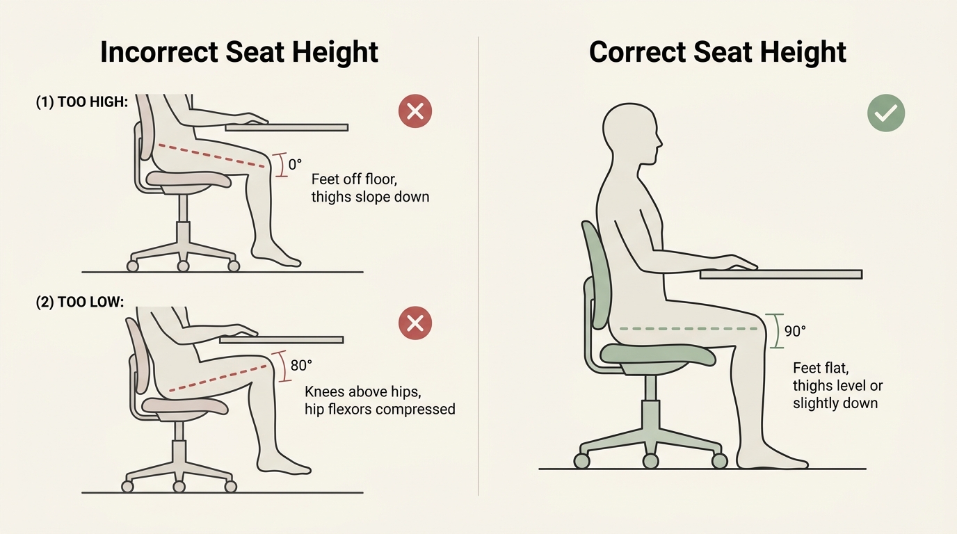 Seat height comparison showing incorrect positions with feet dangling or knees too high versus correct position with thighs level and feet flat