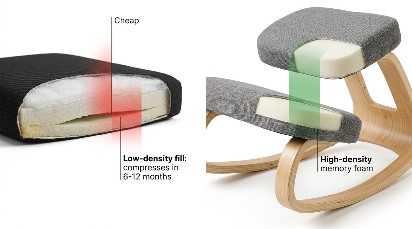 Cross-section comparison of cheap compressed polyester chair fill versus NYPOT kneeling chair high-density memory foam maintaining shape
