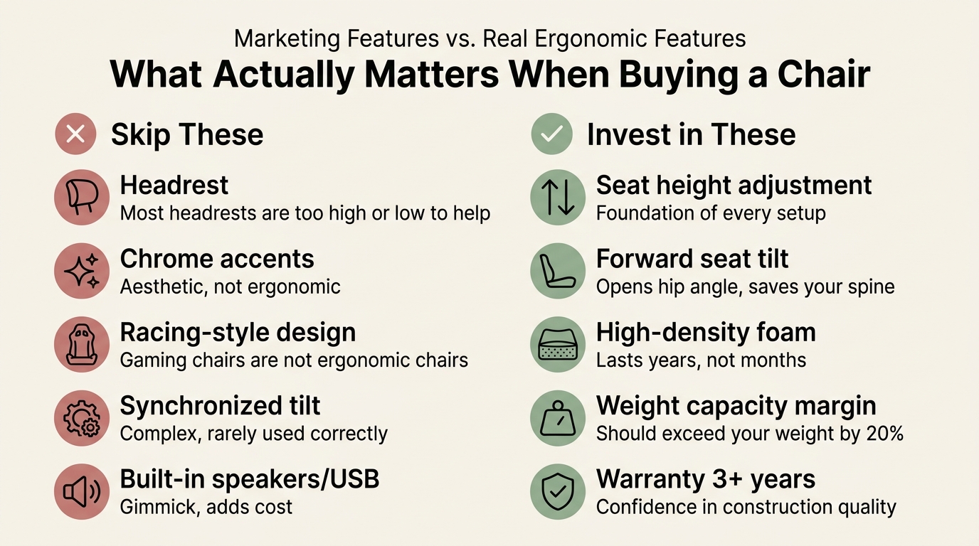 Two-column infographic comparing marketing features to skip versus real ergonomic features to invest in when buying a chair