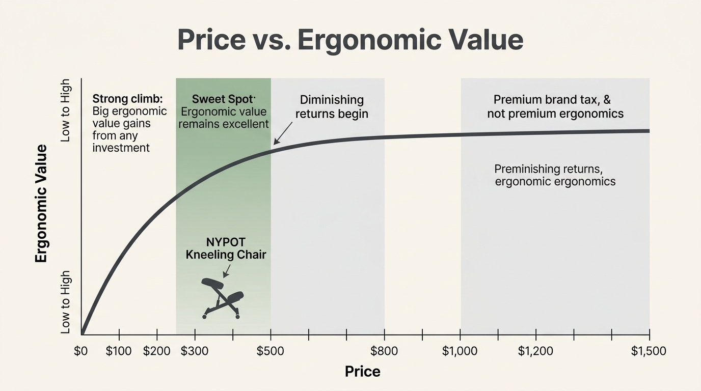 Price versus ergonomic value curve showing diminishing returns above $500 and NYPOT kneeling chair positioned in the $300-$500 sweet spot zone