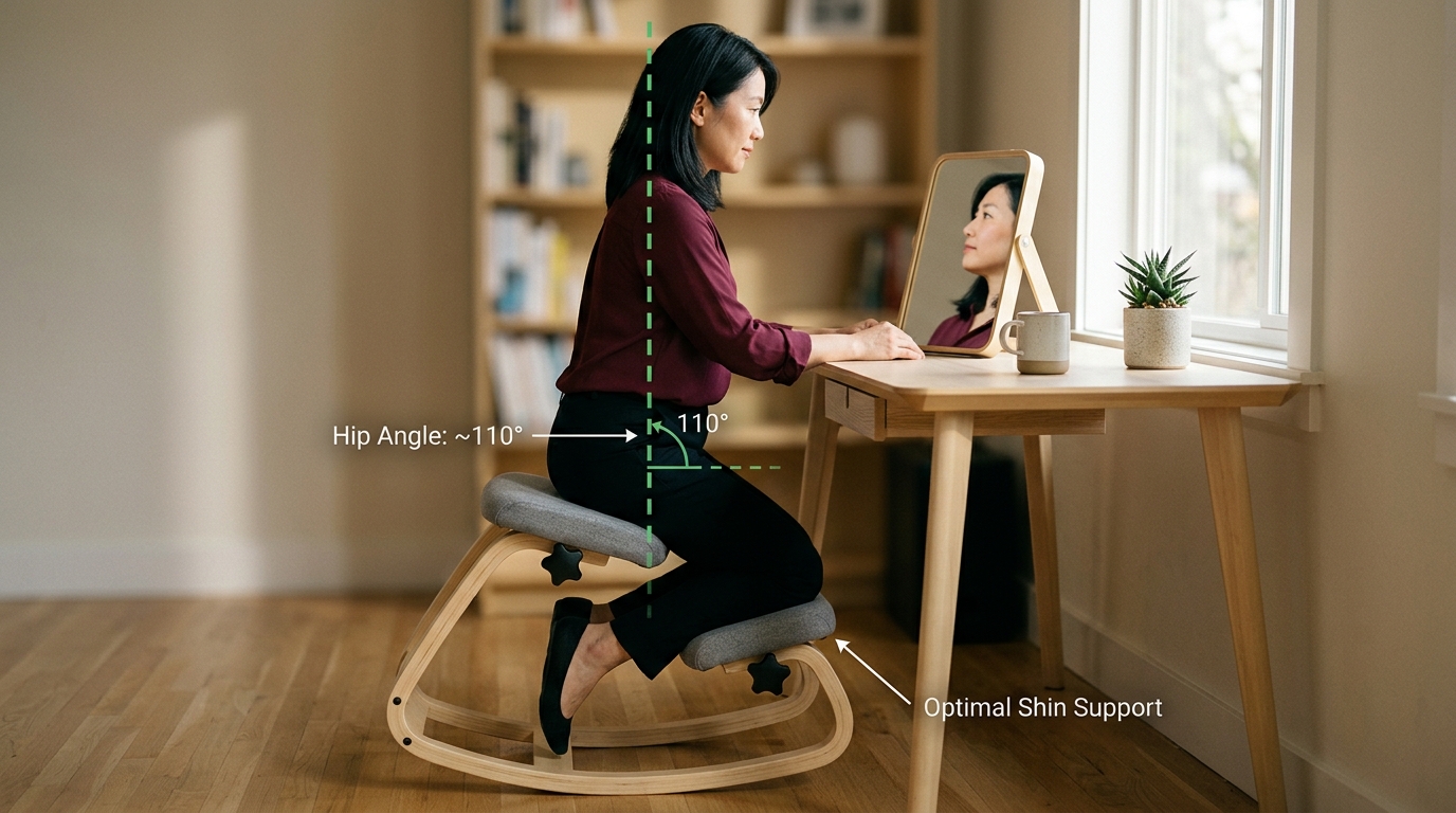 Woman evaluating her posture on NYPOT kneeling chair with alignment markers showing correct ear-shoulder-hip vertical line and open hip angle