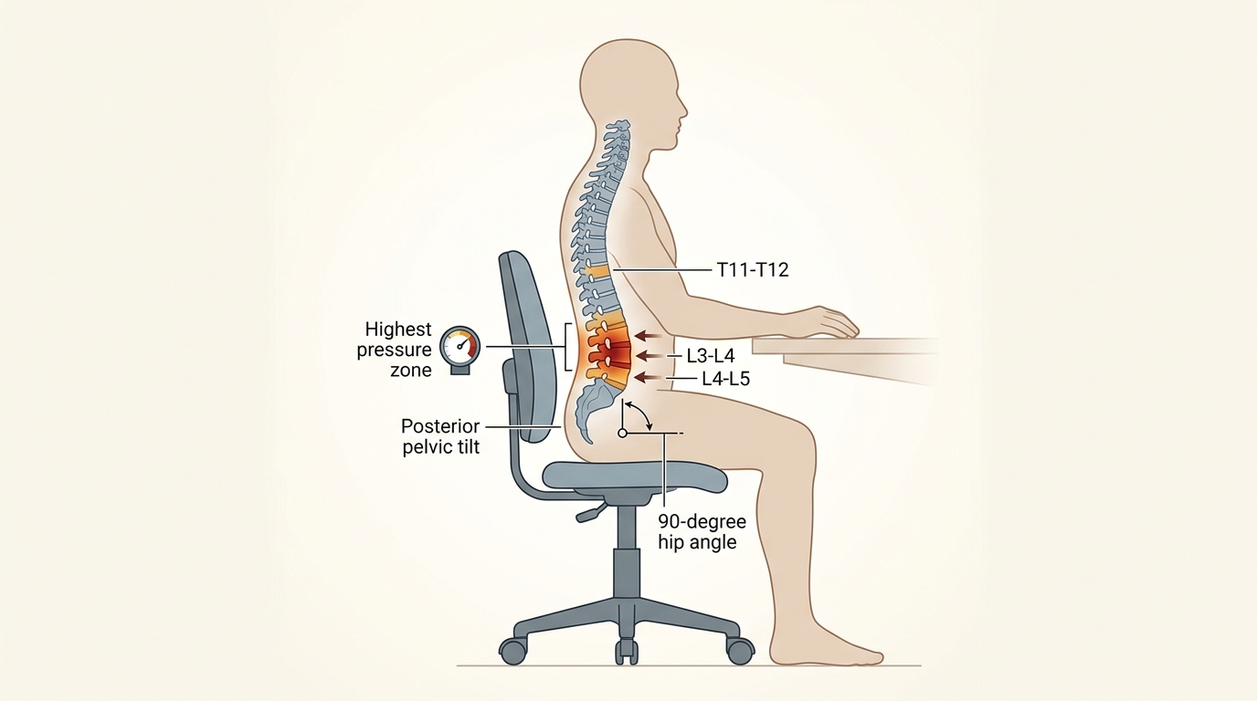 Anatomical side-view showing spinal compression zones during sitting, with L3-L5 highlighted as maximum disc pressure area