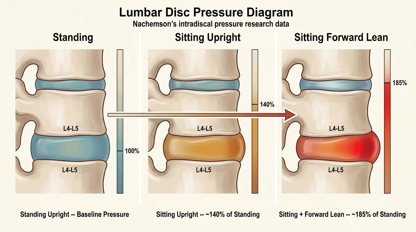 Three-panel disc pressure comparison showing baseline standing at 100%, sitting at 140%, and forward-leaning sitting at 185% based on Nachemson's research