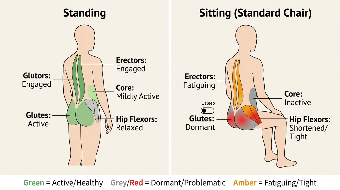 Muscle activation comparison showing active glutes, relaxed hip flexors when standing versus dormant glutes, shortened hip flexors when sitting