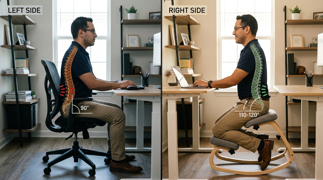 Split-screen posture comparison showing 90-degree compressed spine in office chair versus 110-degree aligned spine on NYPOT kneeling chair