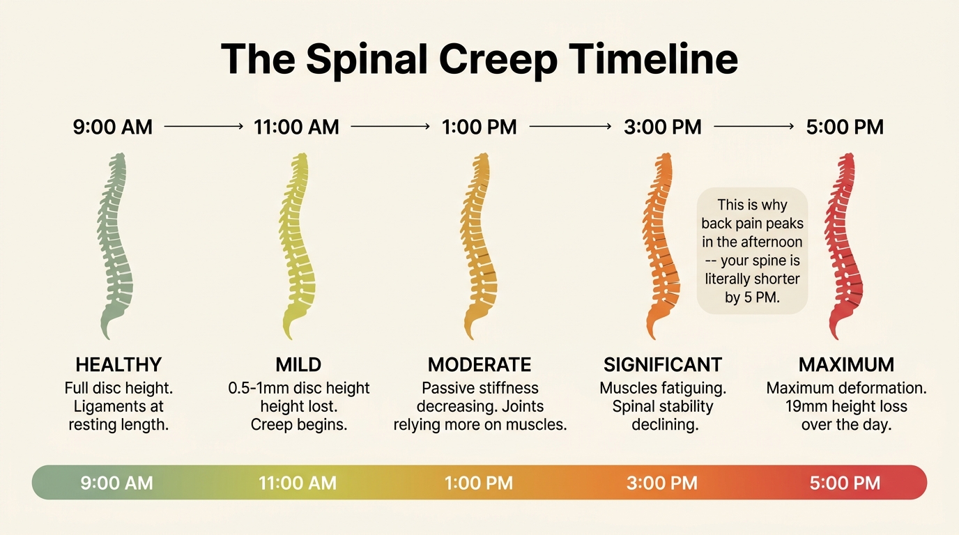 Spinal creep timeline infographic showing progressive disc compression from healthy alignment at 9 AM to maximum deformation at 5 PM