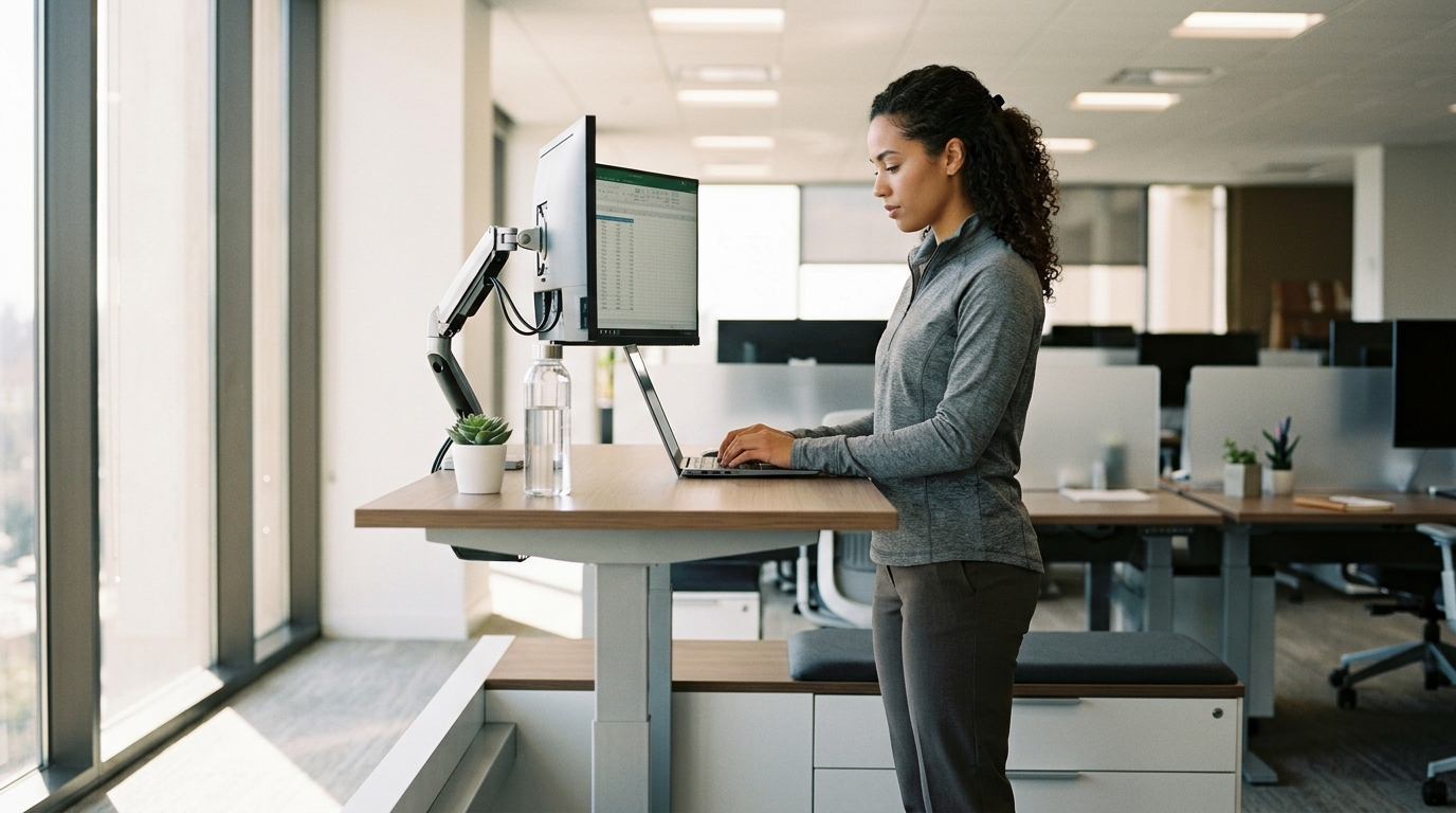 Woman working at properly set up standing desk with anti-fatigue mat in modern corporate office, demonstrating ideal standing desk posture