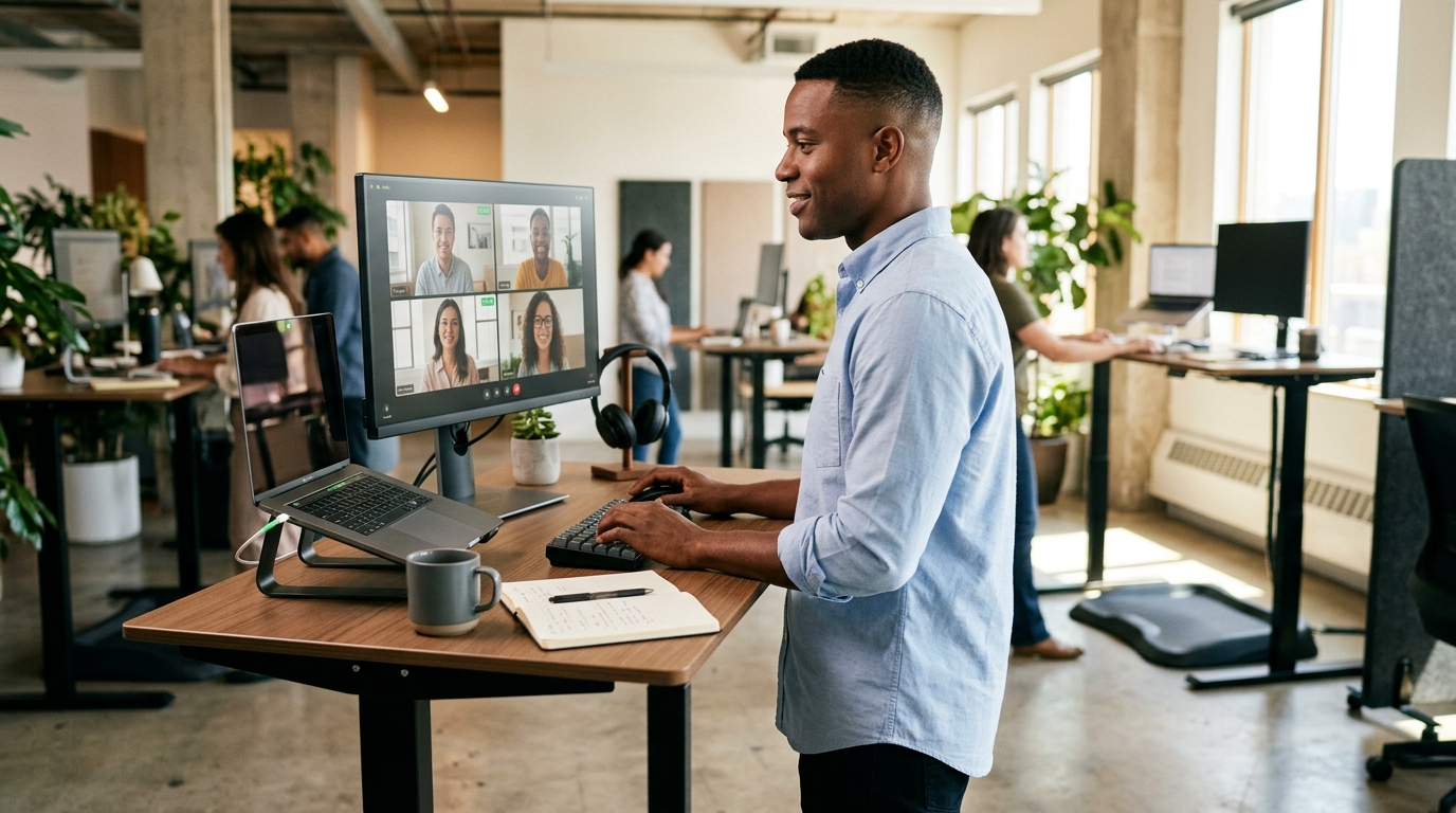 Man working at standing desk with proper posture during video call in modern office, showing ideal standing desk setup