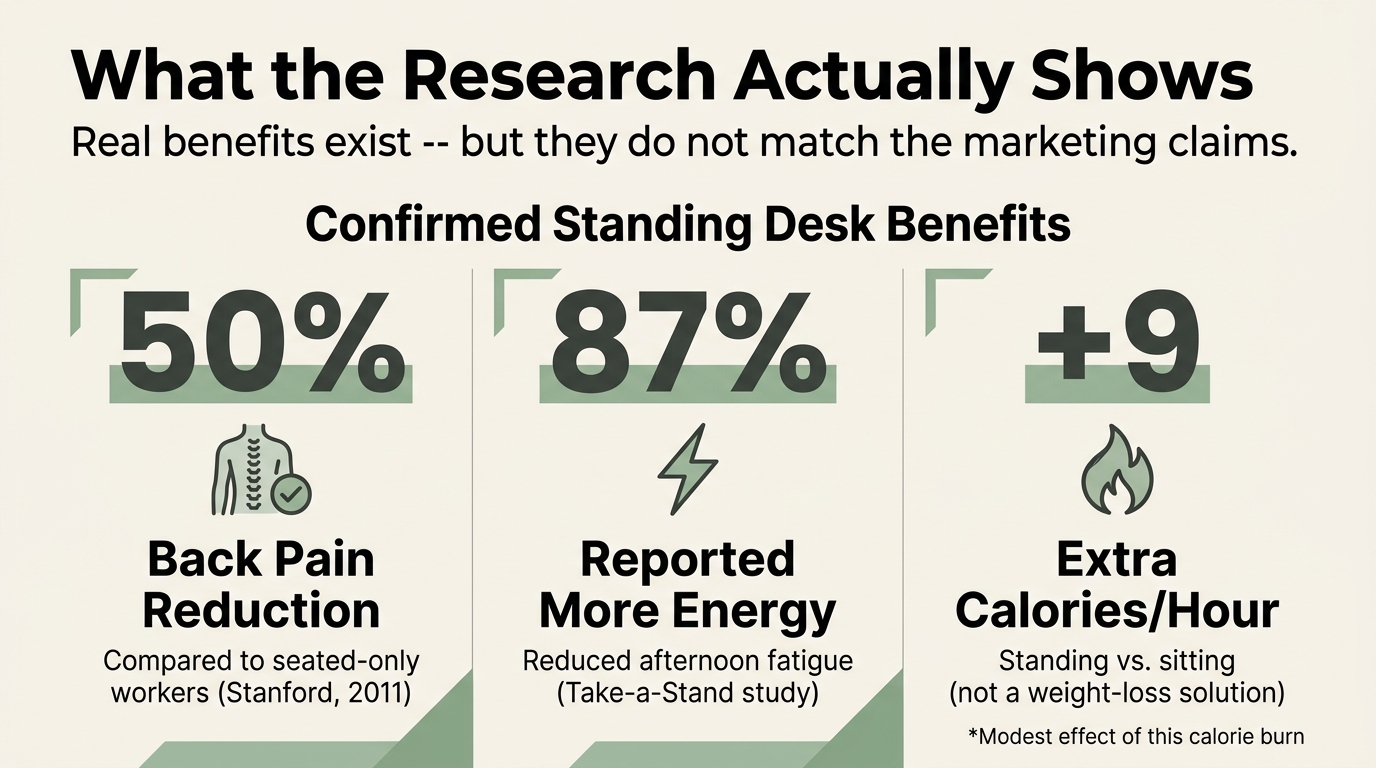Standing desk benefits infographic: 50% back pain reduction, 87% more energy reported, and 9 extra calories burned per hour