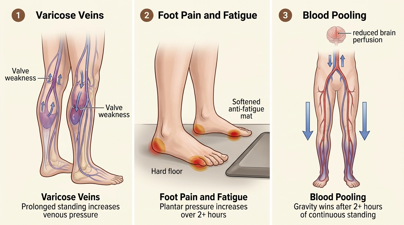 Three-panel illustration of standing desk risks: varicose veins from venous pressure, foot pain from prolonged standing, and blood pooling in lower extremities