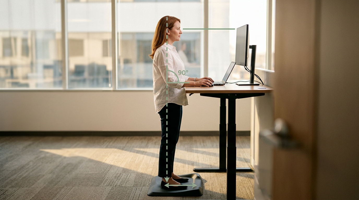 Woman at standing desk with posture alignment markers showing correct eye-level monitor, vertical ear-shoulder-hip line, and 90-degree elbow angle